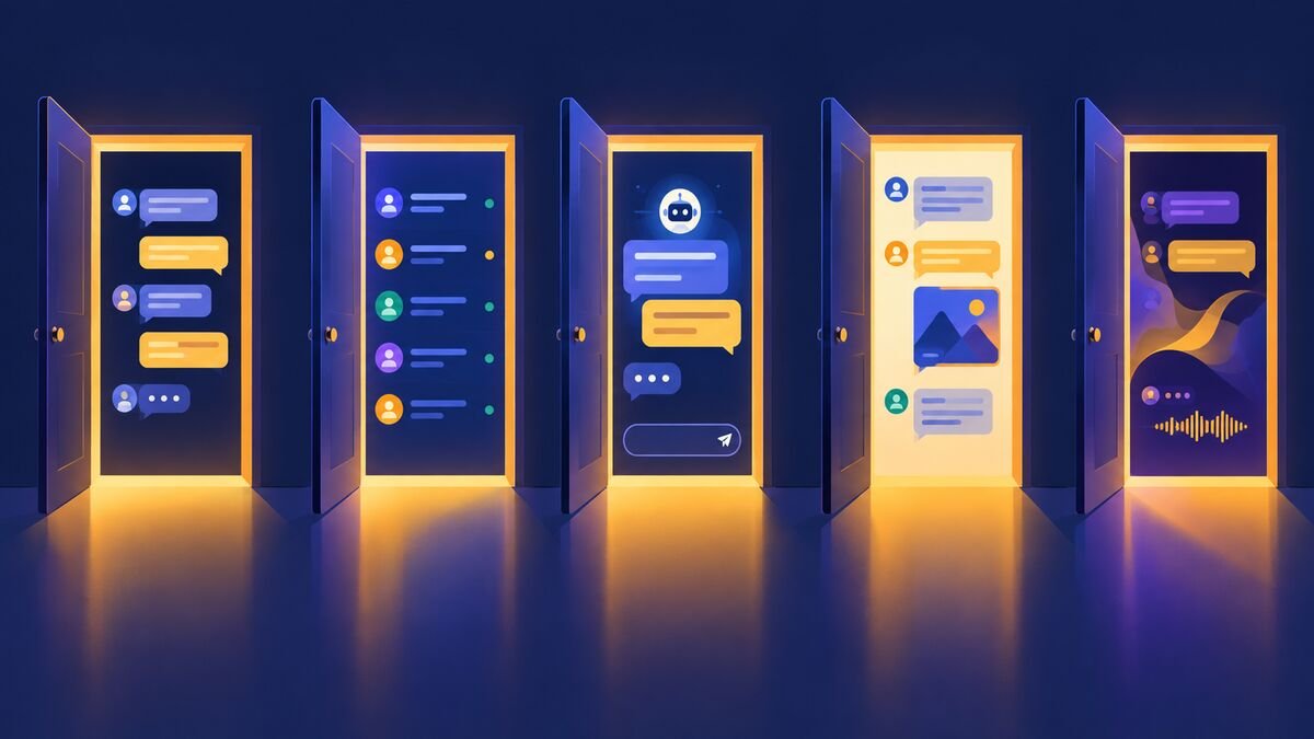 Different glowing doorways each opening onto a chat interface