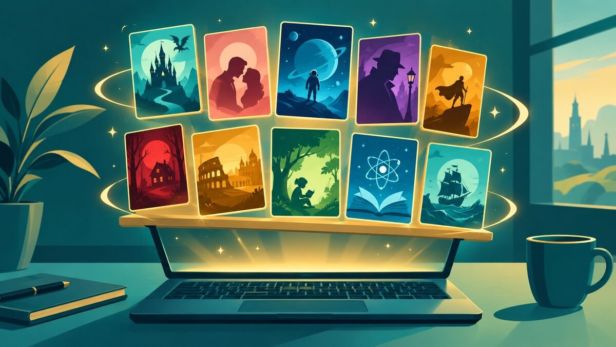 Floating story cards above a laptop