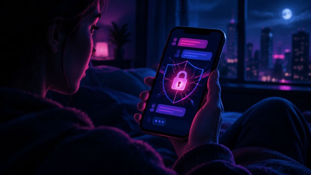 AI companion phone chat with a cracked security shield