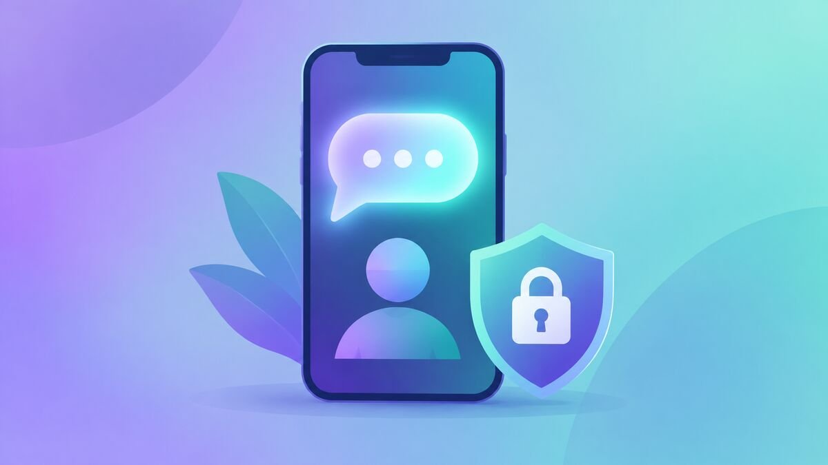 Smartphone with chat bubble and privacy shield illustrating a Replika AI review
