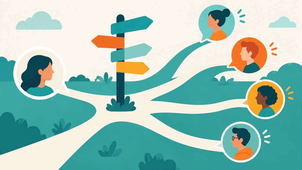 A signpost with paths leading to different AI companion avatars