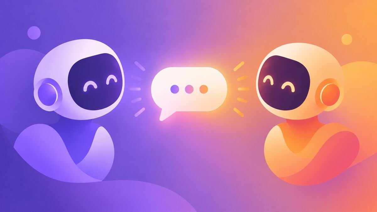 Two AI companion avatars chatting across a speech bubble