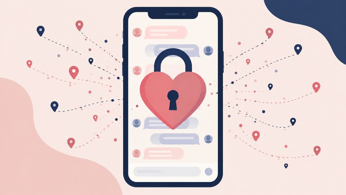 Heart padlock over a phone chat screen with tracker dots